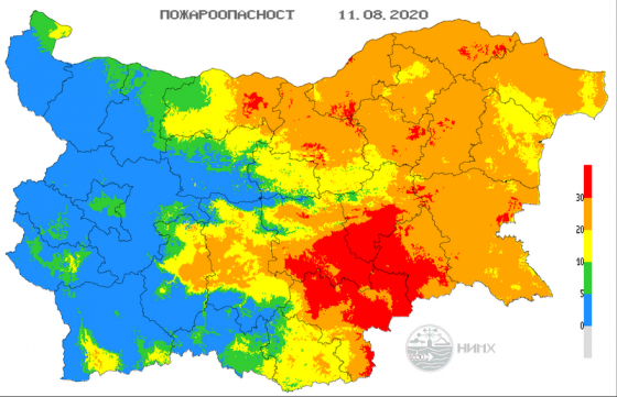 И днес индексът за пожароопасност е екстремален за областите Ямбол, Сливен, Хасково, Бургас, Стара Загора, Велико Търново, Силистра, Шумен, Русе, Търговище...