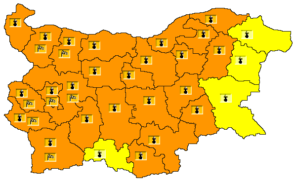 Оранжев код за опасно високи температури е обявен за почти цялата страна от Националния институт по метеорология и хидрология.
Само в областите Смолян,...