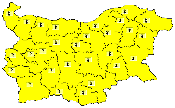 В 21 области е обявен жълт код за високи температури, в останалите 7 има предупреждение за гръмотевични бури. Това сочи справка в сайта на Националния...