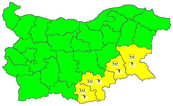 Националният институт по метеорология и хидрология издаде предупреждение от първа степен (жълт код) за интензивни валежи, гръмотевични бури и градушки...