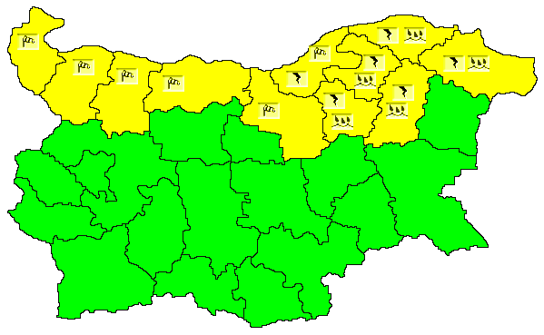 Жълт код за силен вятър е обявен за днес в 6 области на Северна България - Видин, Монтана, Враца, Плевен, Велико Търново и Русе.
За 5 области в Североизточна...